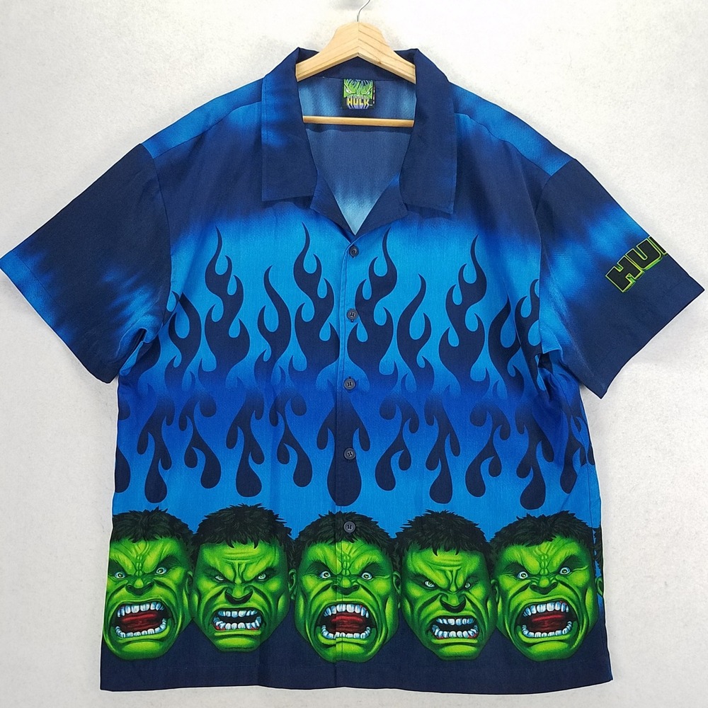 Marvel The Incredible Hulk Button Down Men Large Blue Poly Flame Y2K Streetwear